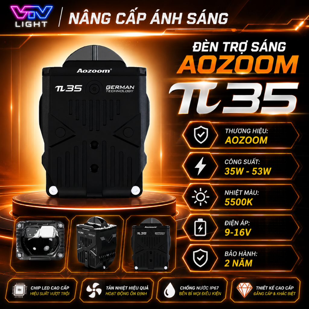 Đèn Trợ Sáng Aozoom Pi35 55W Chính Hãng Siêu Sáng Cos Pha Rõ Nét Bám Đường Tốt Cao Cấp BH 2 Năm