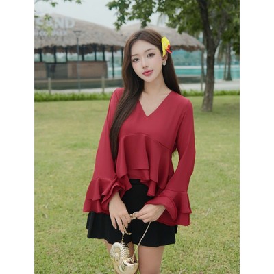 YU CHERRY | Áo babydoll cổ V tay dài loe xoè FLOWY RUFFLE BLOUSE YA530