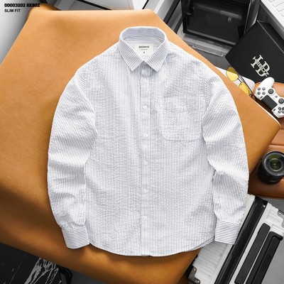 Áo sơ mi nam HEBOZ linen mini stripped 2M chất linen nhăn dệt sọc thanh lịch - 00003202