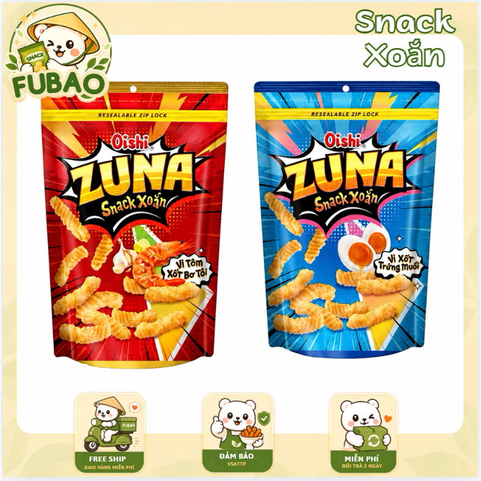 Snack Xoắn Zuna Oishi 65G - Túi Zip Tiện Lợi Vị Trứng Muối & Tôm Bơ Tỏi - Ăn Vặt FUBAO