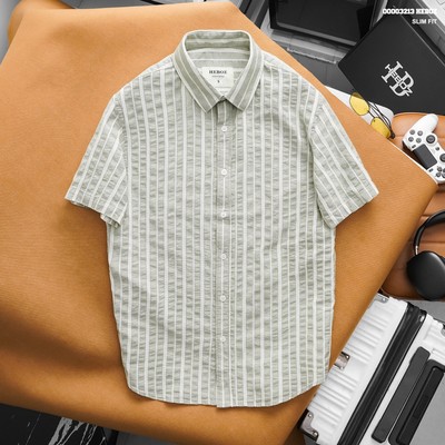 Áo sơ mi nam HEBOZ ngắn tay striped 3M chất linen nhăn dệt sọc thoáng mát - 00003213