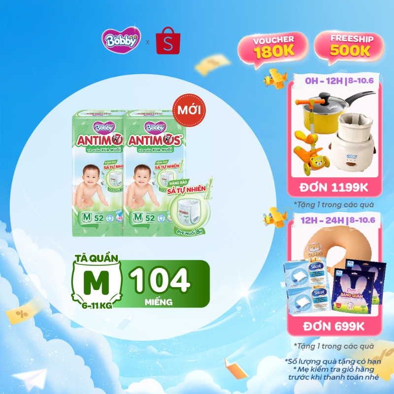 [MỚI] Combo 2 tã Quần Xua Muỗi Bobby Antimos – Hàng rào Sả tự nhiên Bye Muỗi 8H - M52/L50+2/XL48+4/X