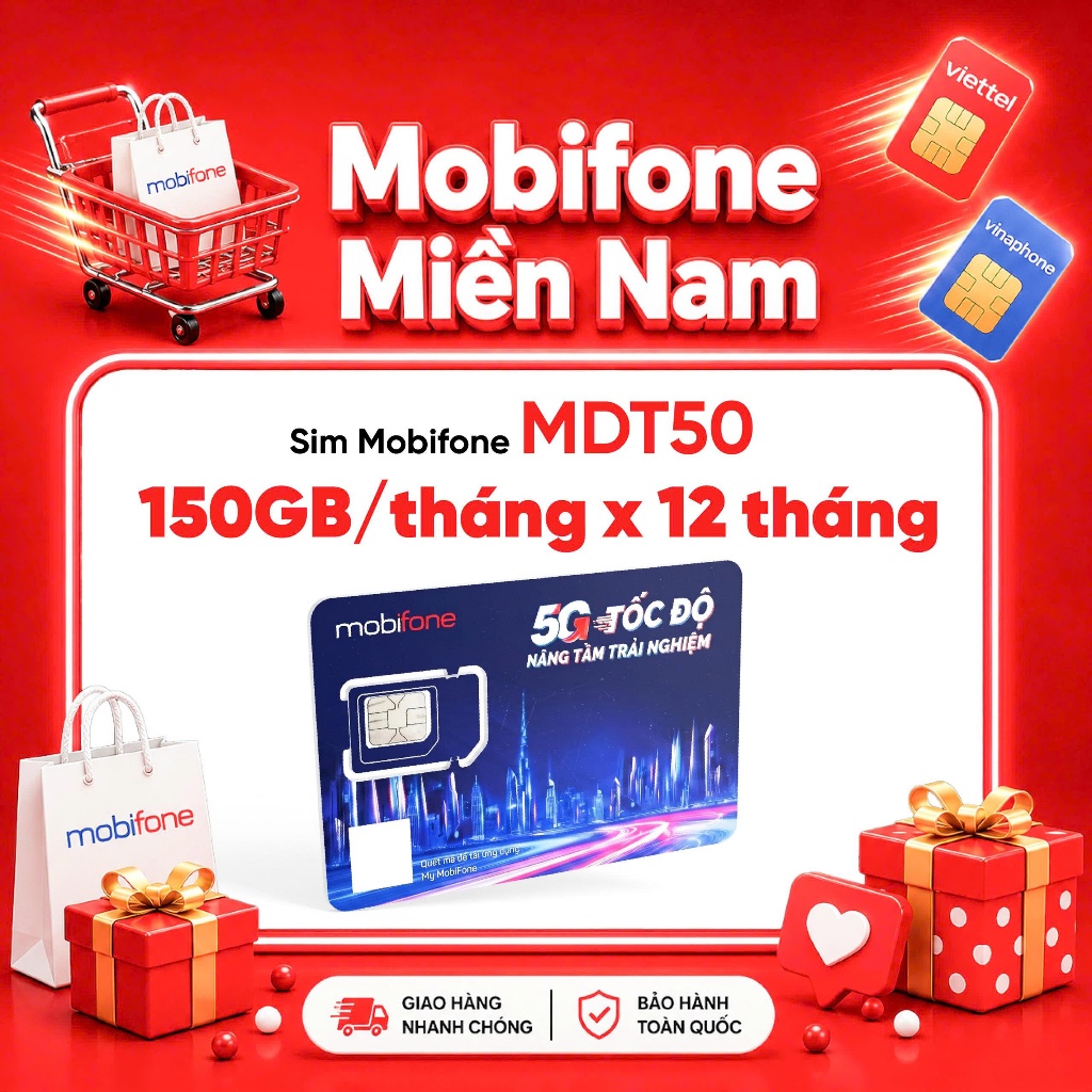 🔥[5GB/ngày] Sim 5G MobiFone MDT50 150GB/Tháng trọn gói 12 tháng | Bảo hành 1 năm