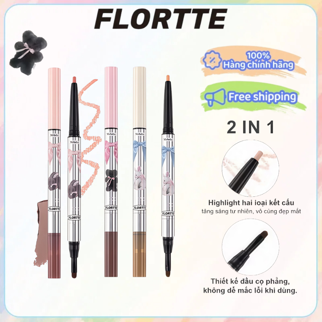 【FLORTTE】Bút kẻ bọng mắt FLORTTE Bút kẻ mắt Hai đầu bút tạo khối phấn bắt sáng bút bóng