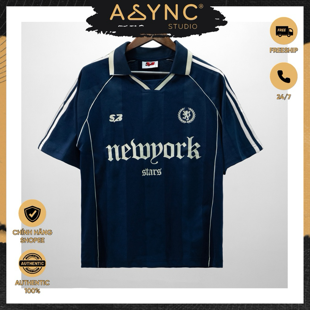 (Auth) Áo Polo New York Stars Tay Sọc Starball Trơn Basic Xanh Navy | Async Studio