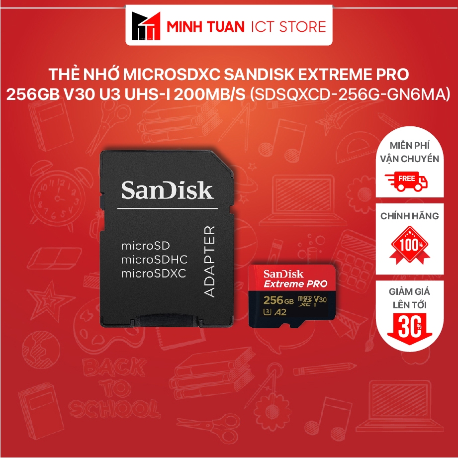 Thẻ Nhớ MicroSDXC Sandisk Extreme Pro 256GB V30 U3 UHS-I 200MB/s (SDSQXCD-256G-GN6MA)
