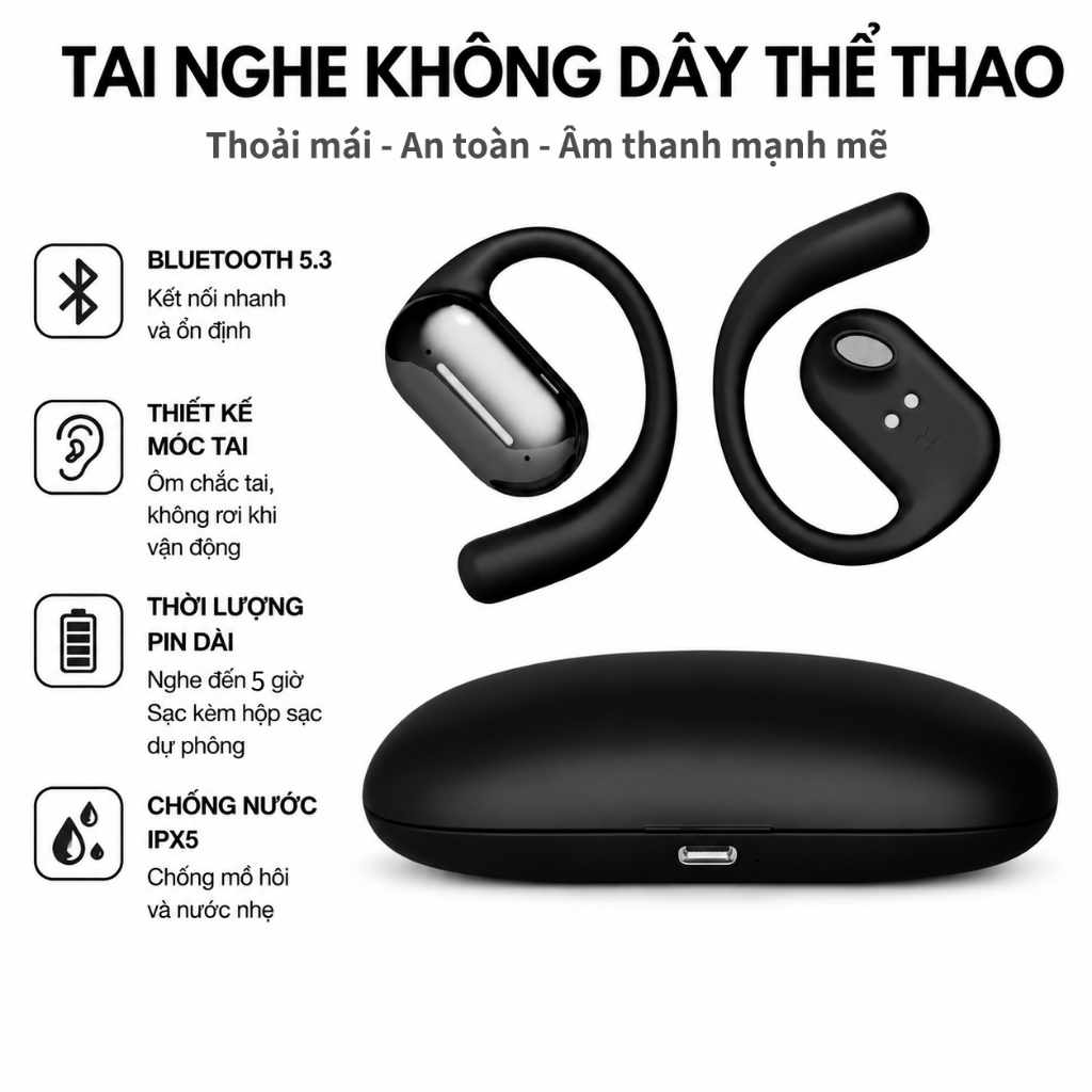 Tai Nghe Bluetooth Không Dây G10 Chống Ồn, Tai Nghe Dẫn Khí Thể Thao, Âm Thanh Stereo HiFi, Đeo Êm T