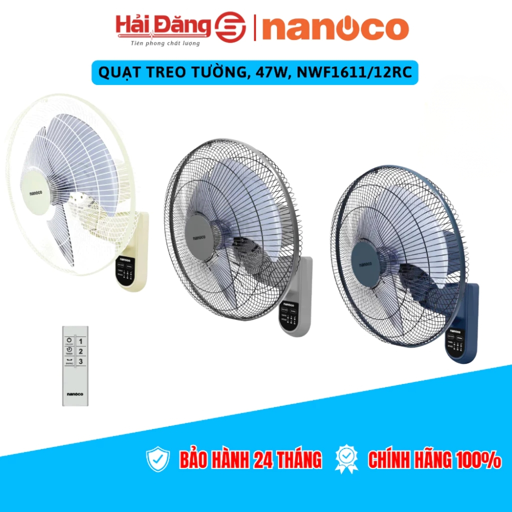 Quạt treo tường Nanoco, 47W, NWF1611/12RC Động cơ Motor dây đồng + bạc thau, tiết kiệm điện năng