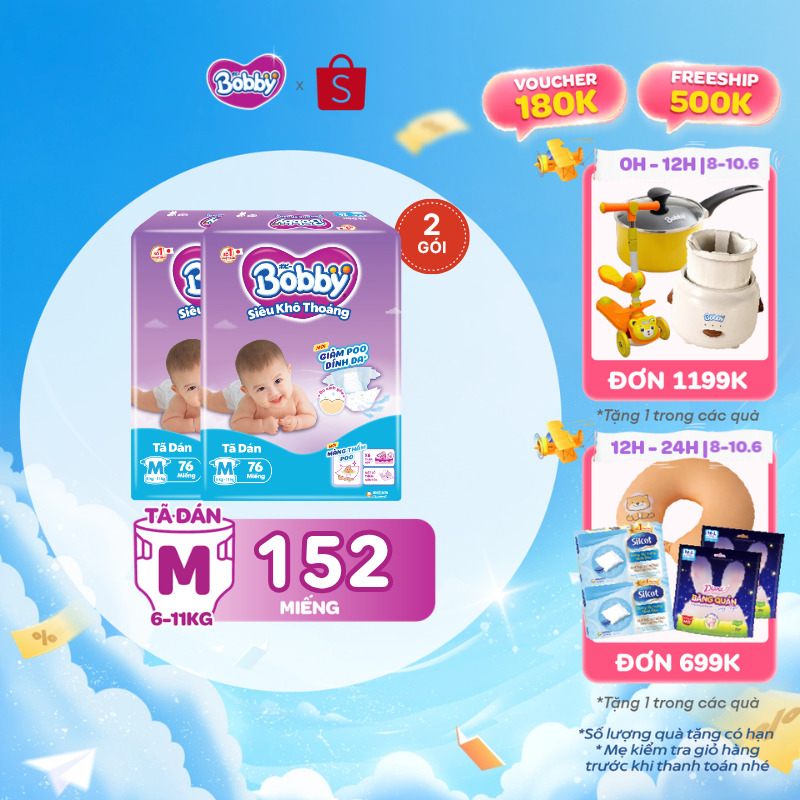 Combo 2 tã dán Bobby S80/M76/L68/XL62/XXL56 mới- Lõi nén cotton-soft 3mm
