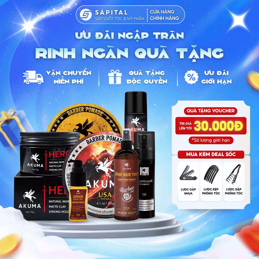 FULL LINE AKUMA - Sáp Infinity Clay, Sáp Gôm Hero, Xịt bồng bềnh Fluffy, Dưỡng argan, Máy sấy X7