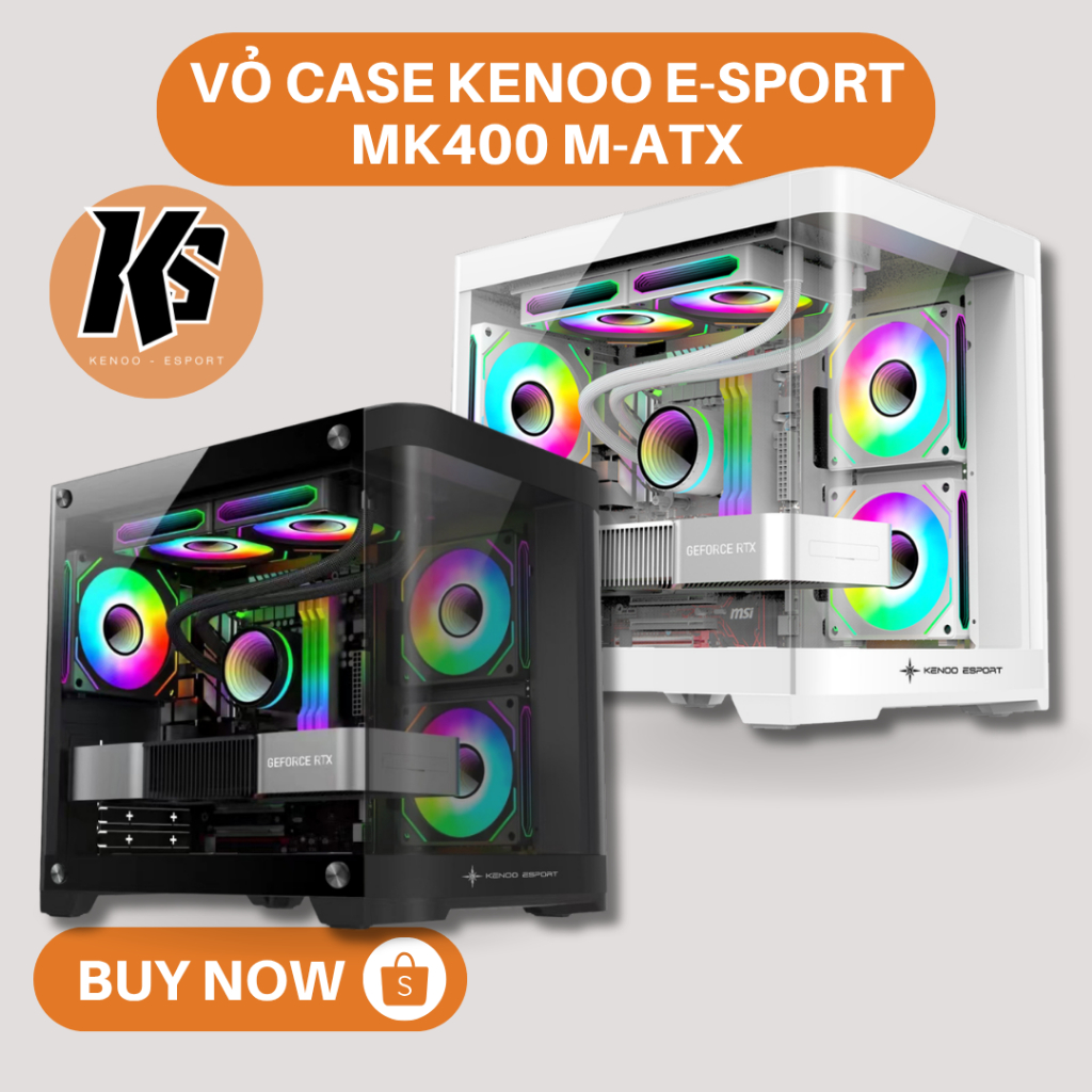 Vỏ Case KENOO ESPORT MK400 - Thùng Máy PC Bể Cá Vô Cực ATX, 2 Mặt Kính Cường Lực Không Cột, Hỗ Trợ 9