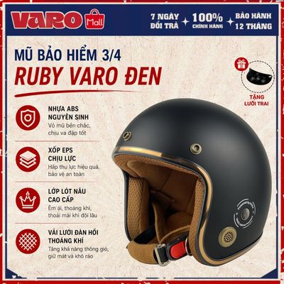 Mũ bảo hiểm 3/4 Ruby VARO Đen - viền vàng, lót nâu cao cấp BH 12 Tháng - tặng lưỡi trai