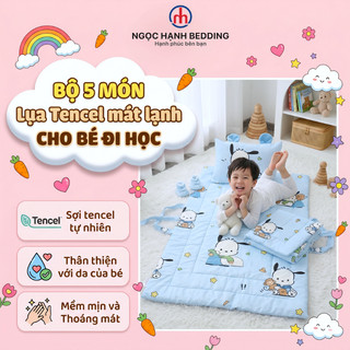 [Mẫu mới 2026] Bộ Chăn Ga Gối Cho Bé Đi Học 5 Món Lụa Tencel Mát Lạnh Ngọc Hạnh Bedding - Nệm Ngủ Trưa Mẫu Giáo Cao Cấp