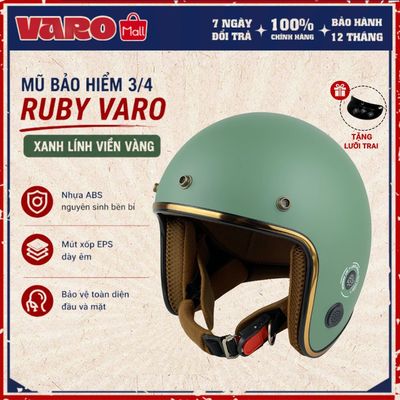Mũ bảo hiểm 3/4 RUBY VARO - Xanh lính viền vàng, lót nâu cao cấp BH 12 tháng - tặng lưỡi trai