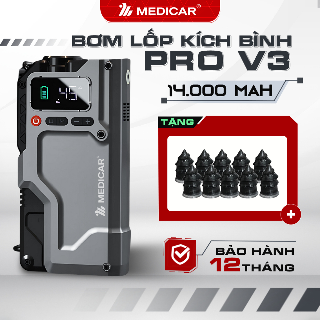 KÍCH BÌNH BƠM LỐP Ô TÔ V3 PRO 14.000mAh 4in1 Medicar - Tổng hợp Bơm lốp, Kích bình, Đèn chiếu sáng