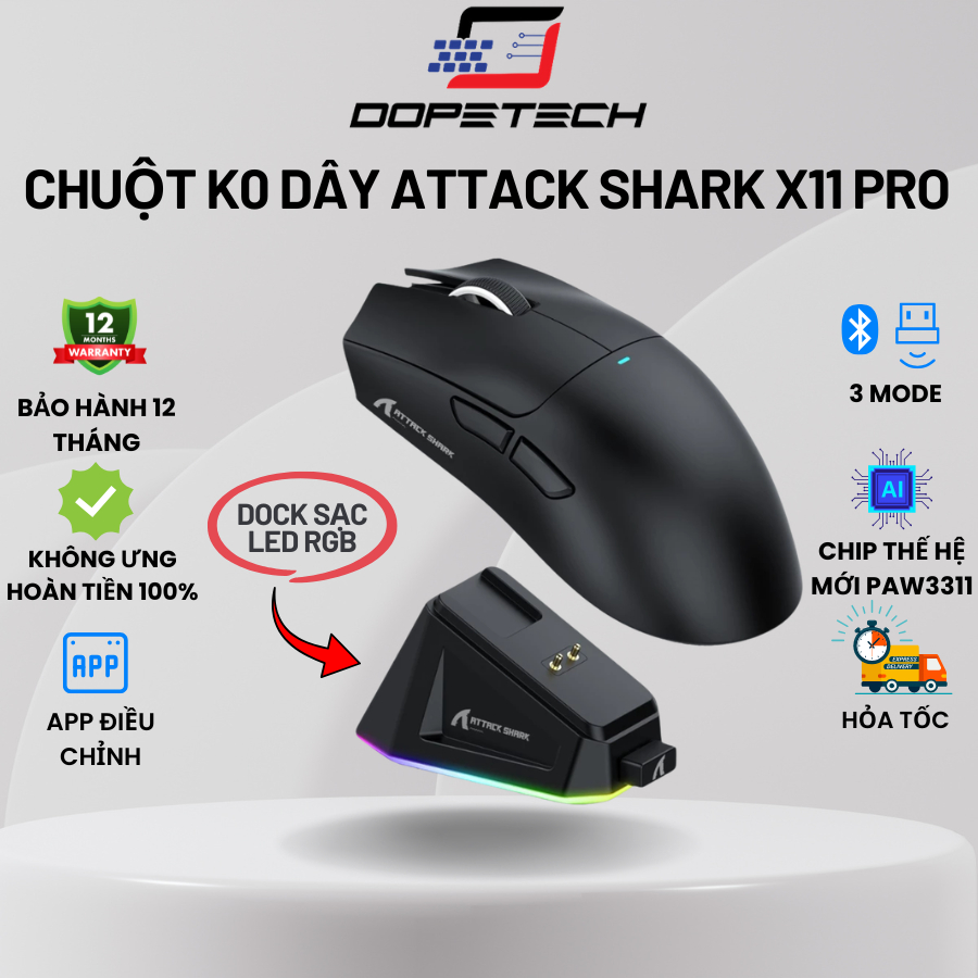 Chuột không dây bluetooth Gaming Attack Shark X11 DOPETECH chip PAW3311 Pro có dock sạc 22000 DPI