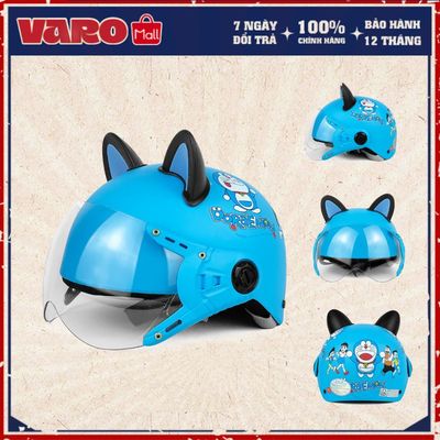 Mũ Bảo Hiểm Trẻ Em Kính Càng VaroHelmet Doremon Xanh Dương Cho Bé từ 5-10 Tuổi Lồng Ép Nhiệt Cao Cấp