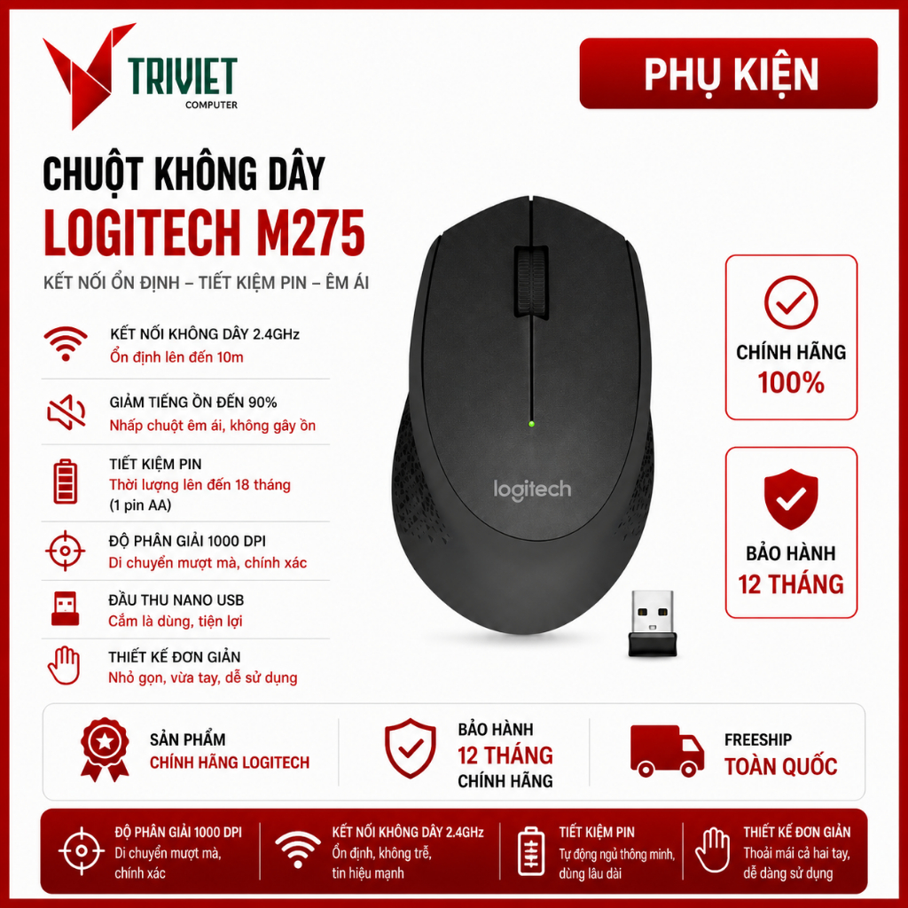 Chuột Không Dây Logitech M275 - Thiết Kế Công Thái Học Đầm Tay, Kết Nối 2.4GHz, Pin 18 Tháng
