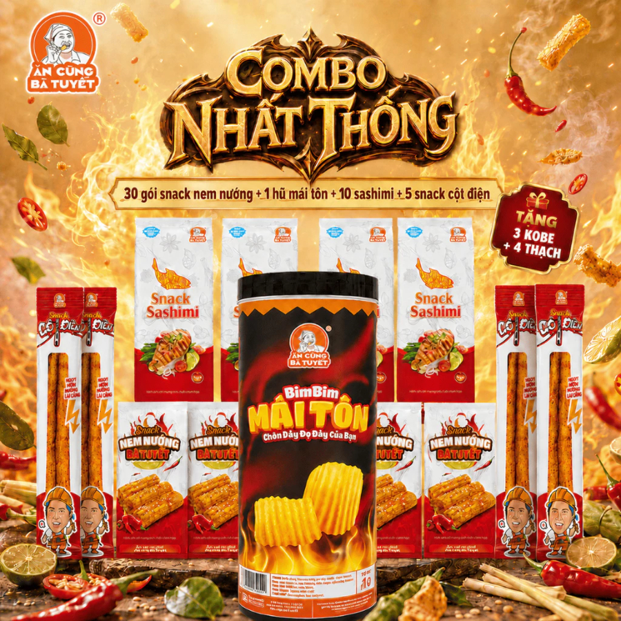 (Tặng 3 kobe + 4 thạch) Combo NHẤT THỐNG: 30 gói snack nem nướng + 1 hũ mái tôn + 10 sashimi + 5 sna