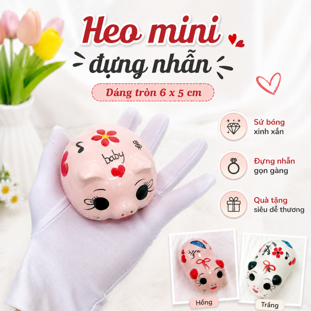 KHE DÀI Heo đất mini men sứ đựng nhẫn vàng, lợn đất tiết kiệm đẹp size nhỏ cute để bàn trang trí