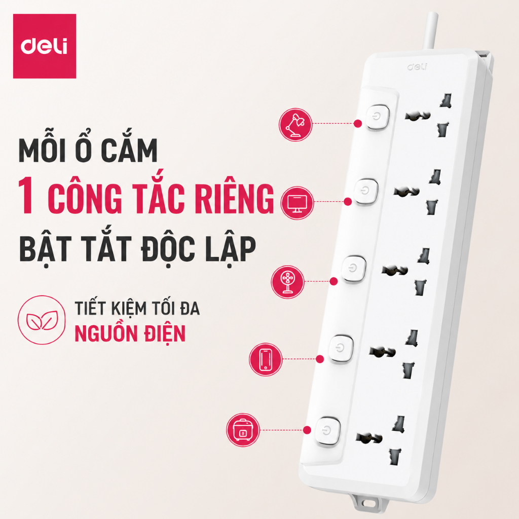 Ổ Cắm Điện Đa Năng Deli Sạc Nhanh 20W An Toàn 3-8 Ổ Cắm Dây 2m-5m Đa Dạng Lựa Chọn