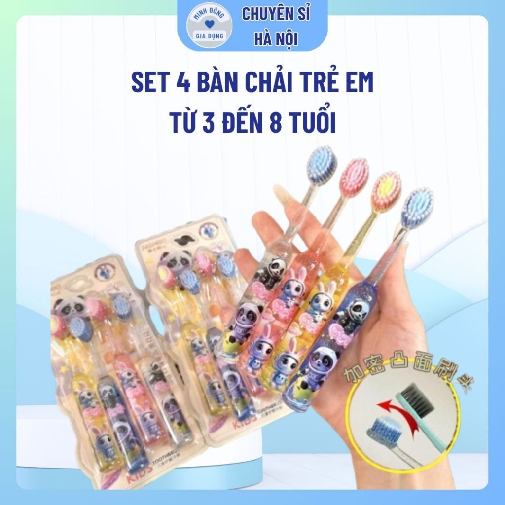 Set vỉ 4 cây bàn chải đánh răng bé trai và bé gái, màu sắc dễ thương. lông tơ siêu mềm, từ 3-8t