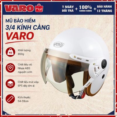 Mũ bảo hiểm 3/4 có kính VARO 368K màu trắng viền nâu - lót nâu cao cấp