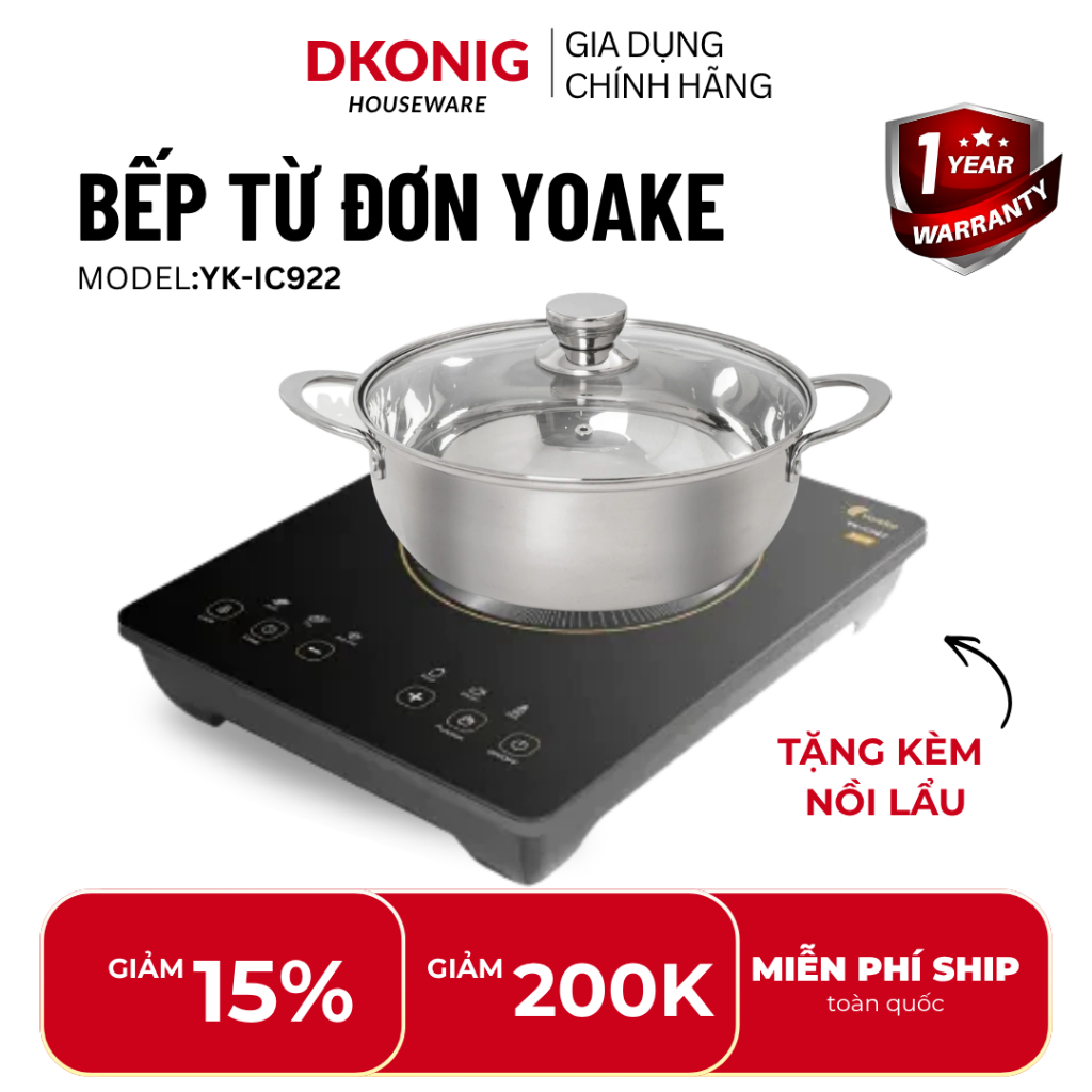 Bếp từ đơn Yoake YK-IC922 công suất 3000W nấu nhanh, hẹn giờ mặt kính cường lực, khóa an toàn,