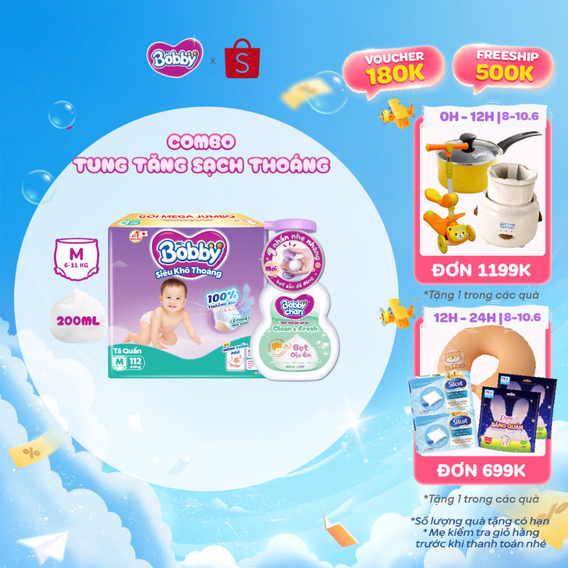 Combo sạch thoáng: Tã quần Bobby Mega Jumbo size M112+4/L96+4/XL84+4/XXL76+4 & Bọt tắm gội em bé Cle