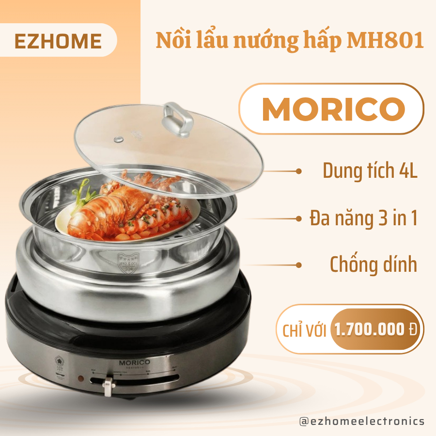 Nồi Lẩu Nướng Hấp Morico MH801 Dung Tích 4L Đa Năng 3 Trong 1 Lẩu Hấp Nướng Tiện Lợi Cho Gia Đình