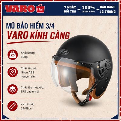 Mũ bảo hiểm 3/4 đầu VARO 368K màu đen, lót nâu cao cấp - kèm kính nửa đầu BH 12 tháng VARO