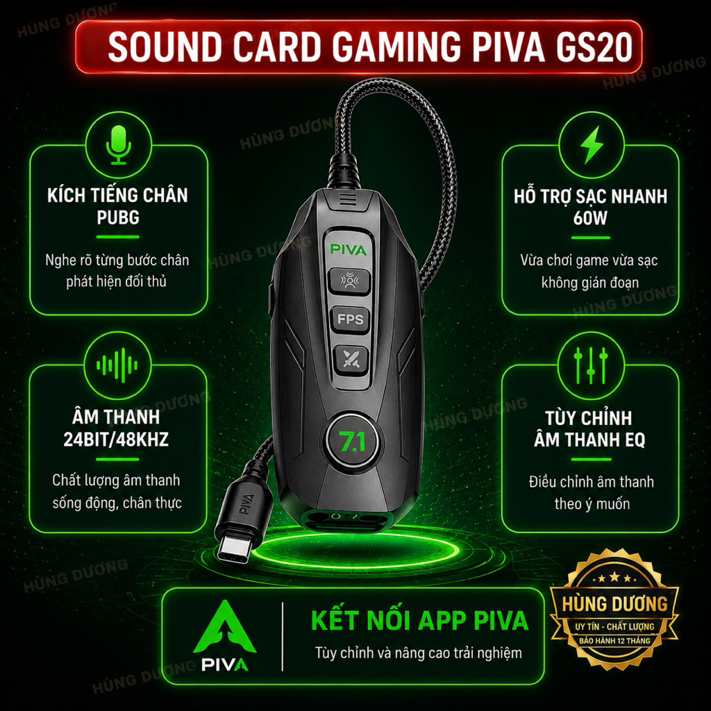 Sound Card Gaming Piva GS20 Card âm thanh Type C hỗ trợ tăng tiếng chân PUBG sạc PD 60W âm thanh vòm