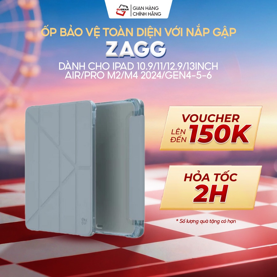 Ốp ZAGG bảo vệ toàn diện với nắp gập linh hoạt, ô giữ bút, dành cho iPad 10.9/11/12.9/13inch Air/Pro