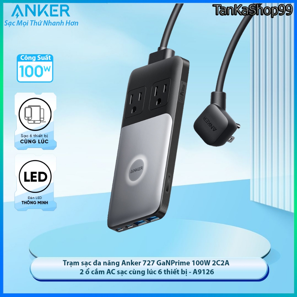 Trạm sạc Anker 727 A9126 GaNPrime 100W 2C 2A và 2 ổ cắm AC sạc cùng lúc 6 thiết bị