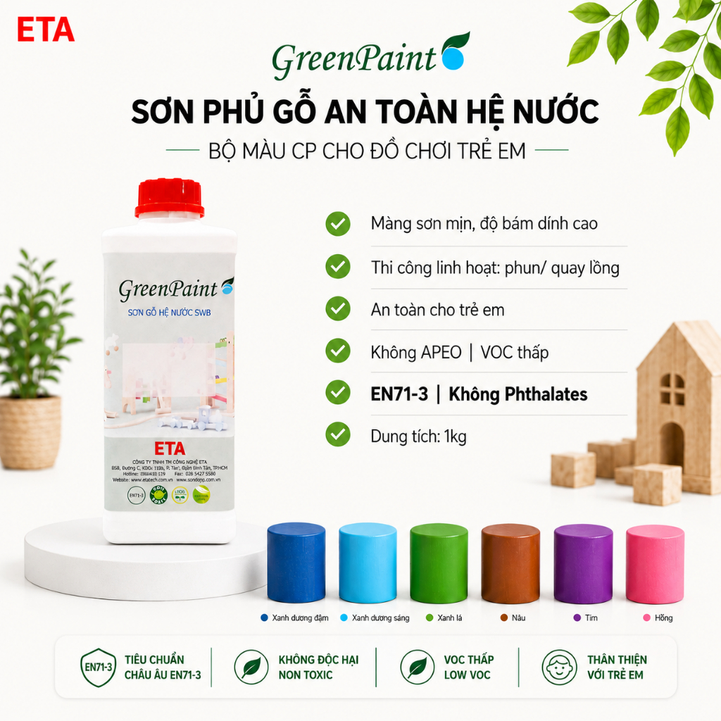 Sơn phủ màu đồ chơi gỗ ETA hệ nước – Bộ màu CP – An toàn EN71-3 – 1kg