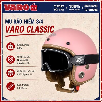 [TẶNG ZOOM ĐEN] Mũ Bảo Hiểm 3/4 Classic Viền Chỉ Chính Hãng VARO HELMET Màu Hồng Phấn Pastel