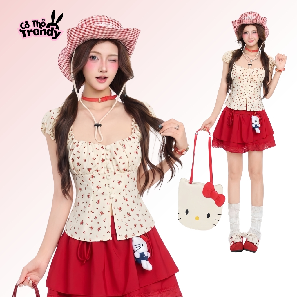 Áo kiểu babydoll hoa nhí Cô Thỏ Trendy chất vải mango thiết kế nhún ngực bo lưng chun có mút ngực
