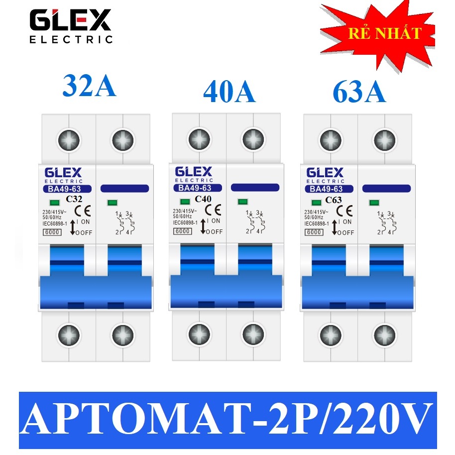 Aptomat 2P 220V GILEX 32A 40A 63A bảo vệ chống quá tải ngắn mạch HÀNG CHÍNH HÃNG át cài ray mcb 2p 6