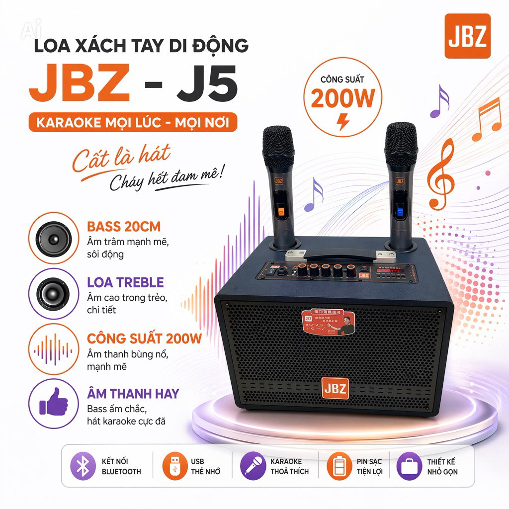Loa Xách Tay Di Động JBZ -J5, Có Loa Bass 20cm, Loa Treble Cùng Với Mức Công Suất 200W Loa Có Âm Tha