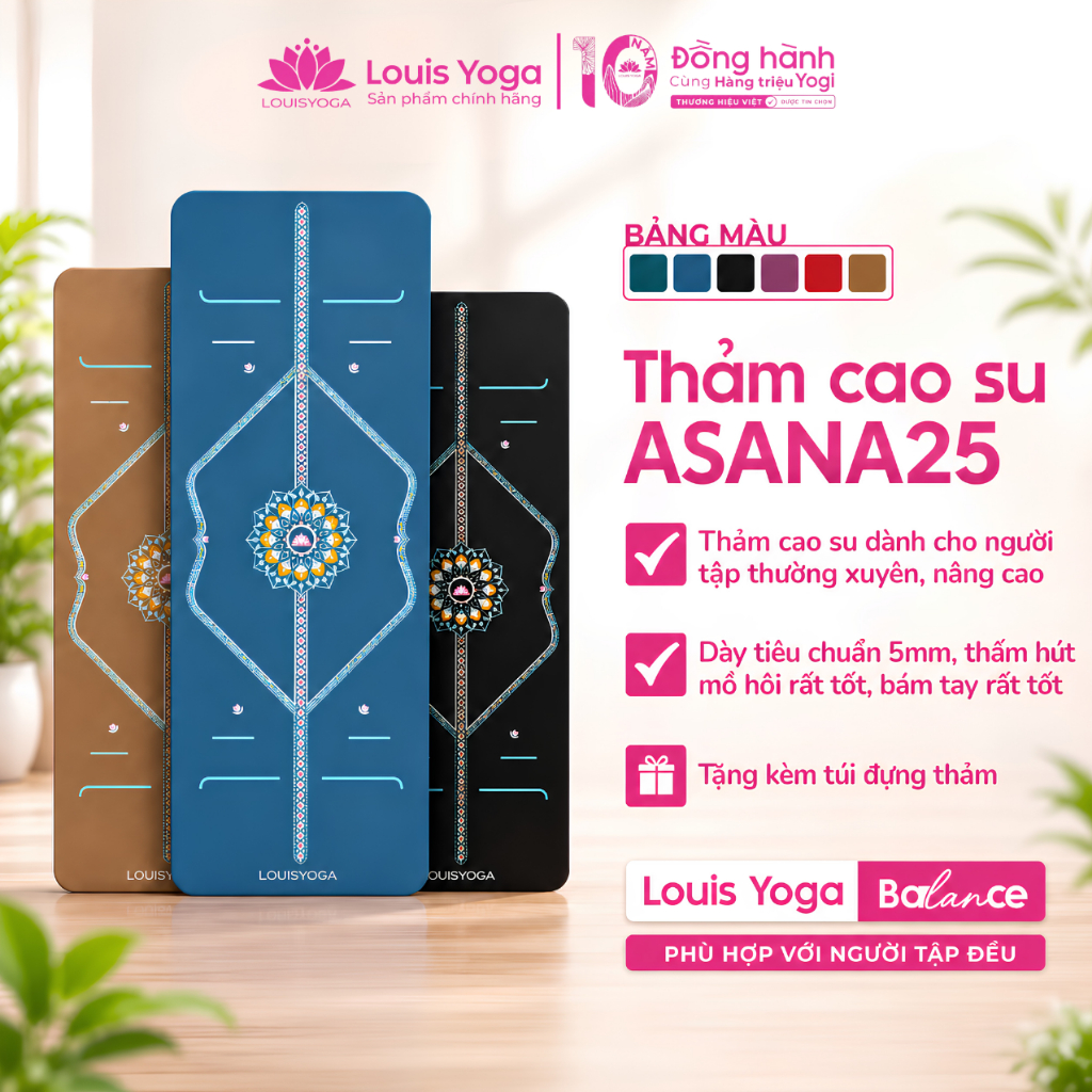 Thảm Yoga Cao Su Tự Nhiên LOUIS YOGA ASANA 25 Dày 5mm - Thảm Tập Định Tuyến Chống Trơn Trượt Cao Cấp