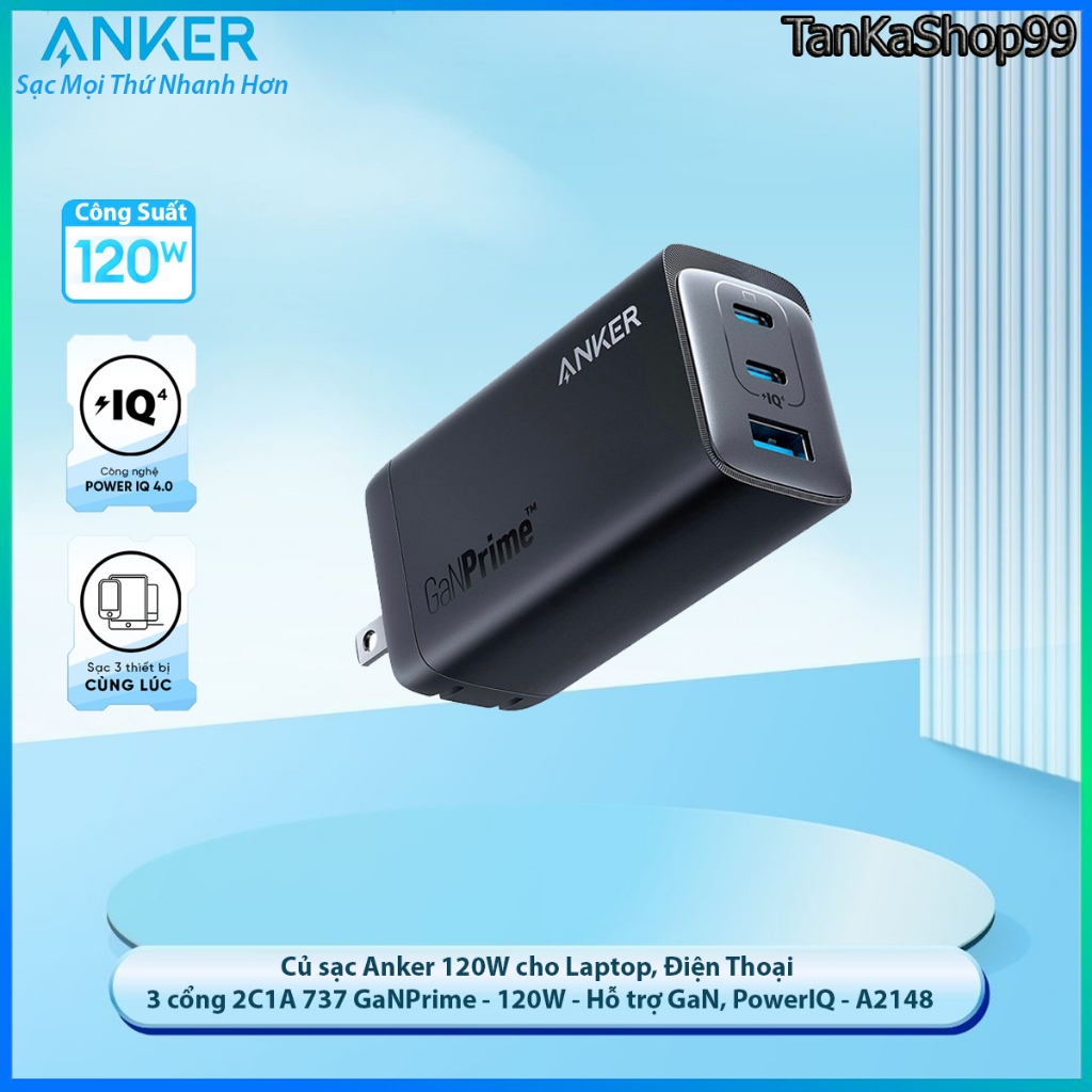 Củ sạc nhanh Anker 737 A2148 GaNPrime 120W 3 cổng 2C1A hỗ trợ PD PPS, sạc điện thoại laptop max 100W
