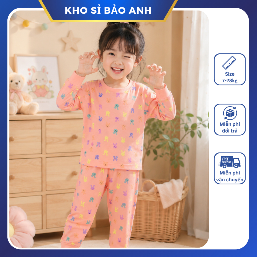 [Bé 9-28kg] Bộ dài tay thun lạnh in thỏ chất mềm mịn mát cho bé trai bé gái từ 9-28kg