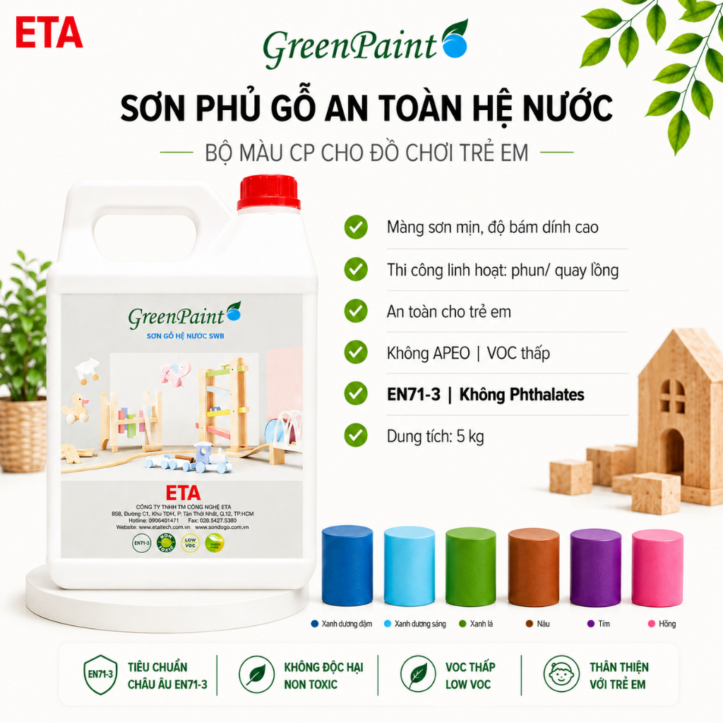 Sơn phủ màu đồ chơi gỗ ETA hệ nước – Bộ màu CP – An toàn EN71-3 – 5kg