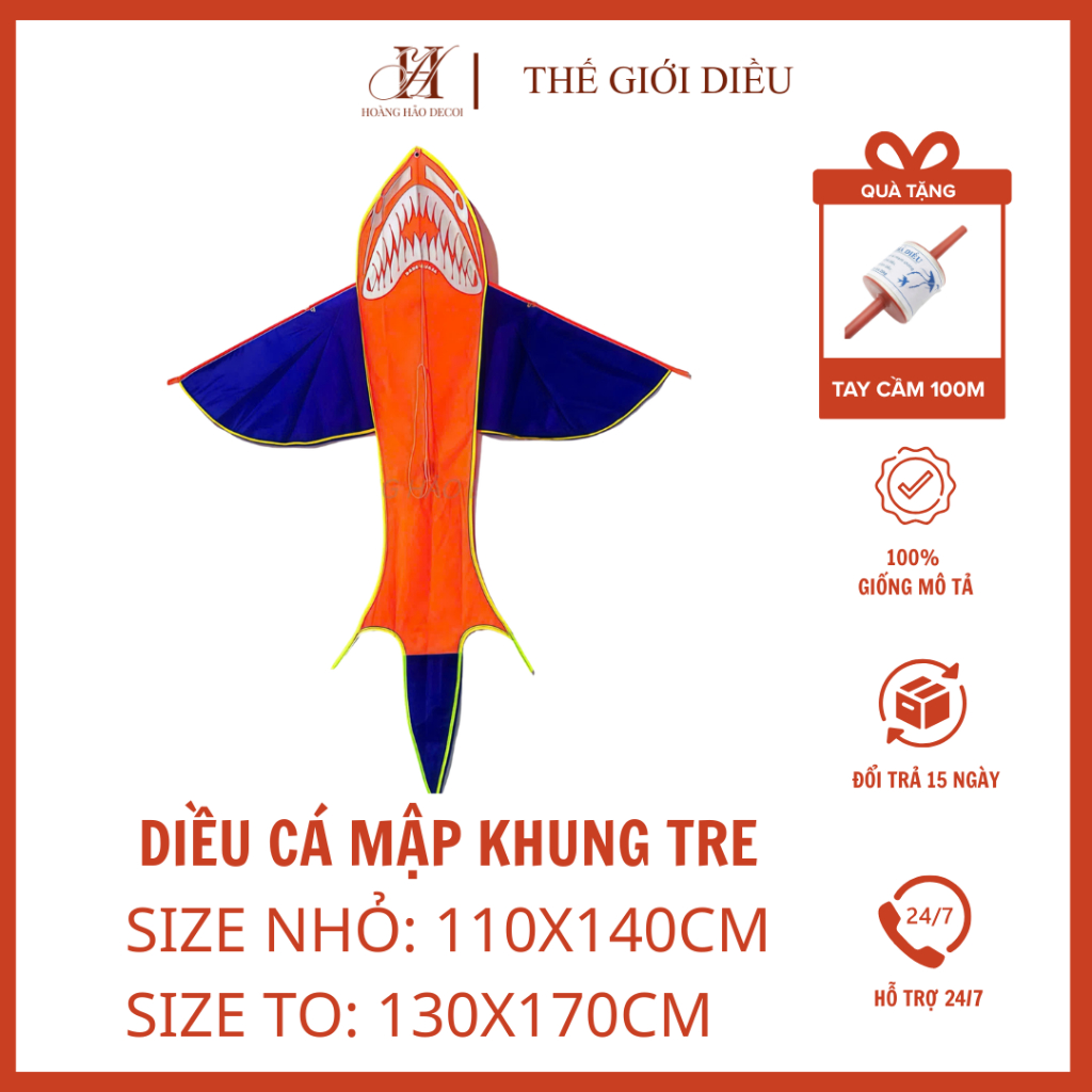 Diều cá mập tặng kèm TAY CẦM 100m ( Giao màu ngẫu nhiên)