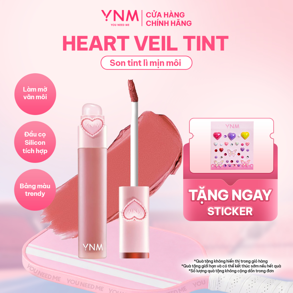 [NEW] Son Tint Lì mịn môi YNM Heart Veil Tint bám màu tốt, kèm đầu cọ silicone tiện lợi, dưỡng ẩm môi mịn màng 2.5g