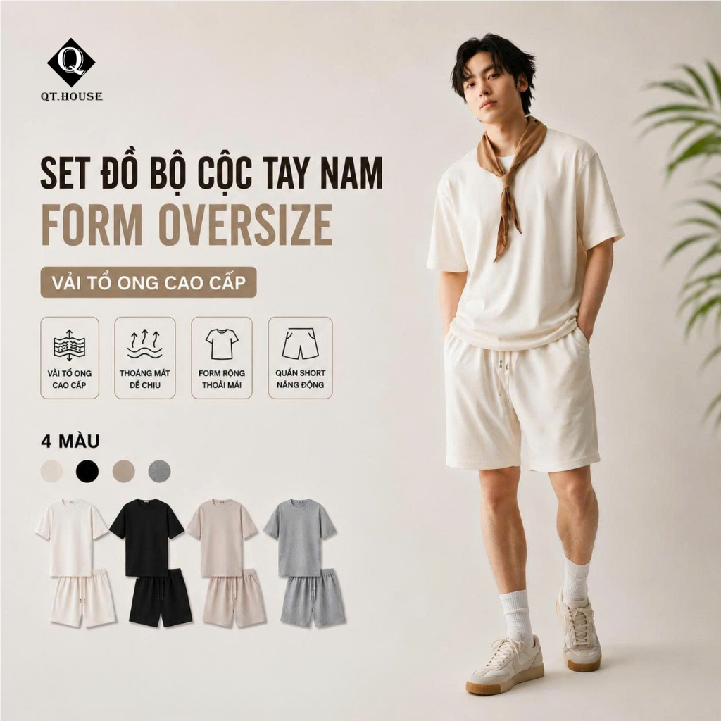 [Xả kho] Bộ Thể Thao Nam Mùa Hè QTHOUSE, Set Đồ Bộ Cộc Tay Nam Chất Tổ Ong Form Oversize Trẻ Trung B