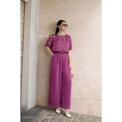 Set Áo Quần Lụa Trơn Nữ MY WAY Ngắn Tay Phối Quần Suông Sang Trọng Thanh Lịch 2MAB01260 2MQB01127 - TI0