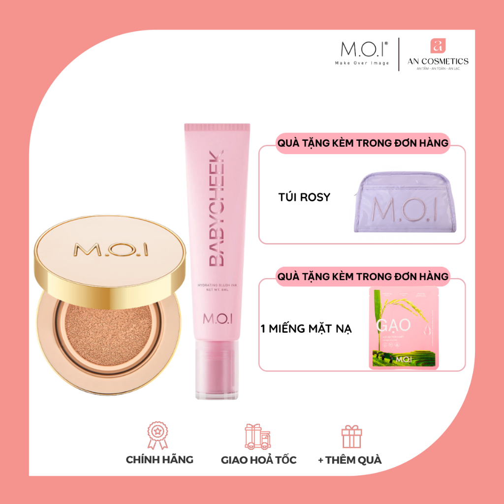 (TẶNG QUÀ) Combo phấn nước M.O.I Premium Baby Skin Cushion 12g và má hồng sữa M.O.I Baby Cheek 14ml