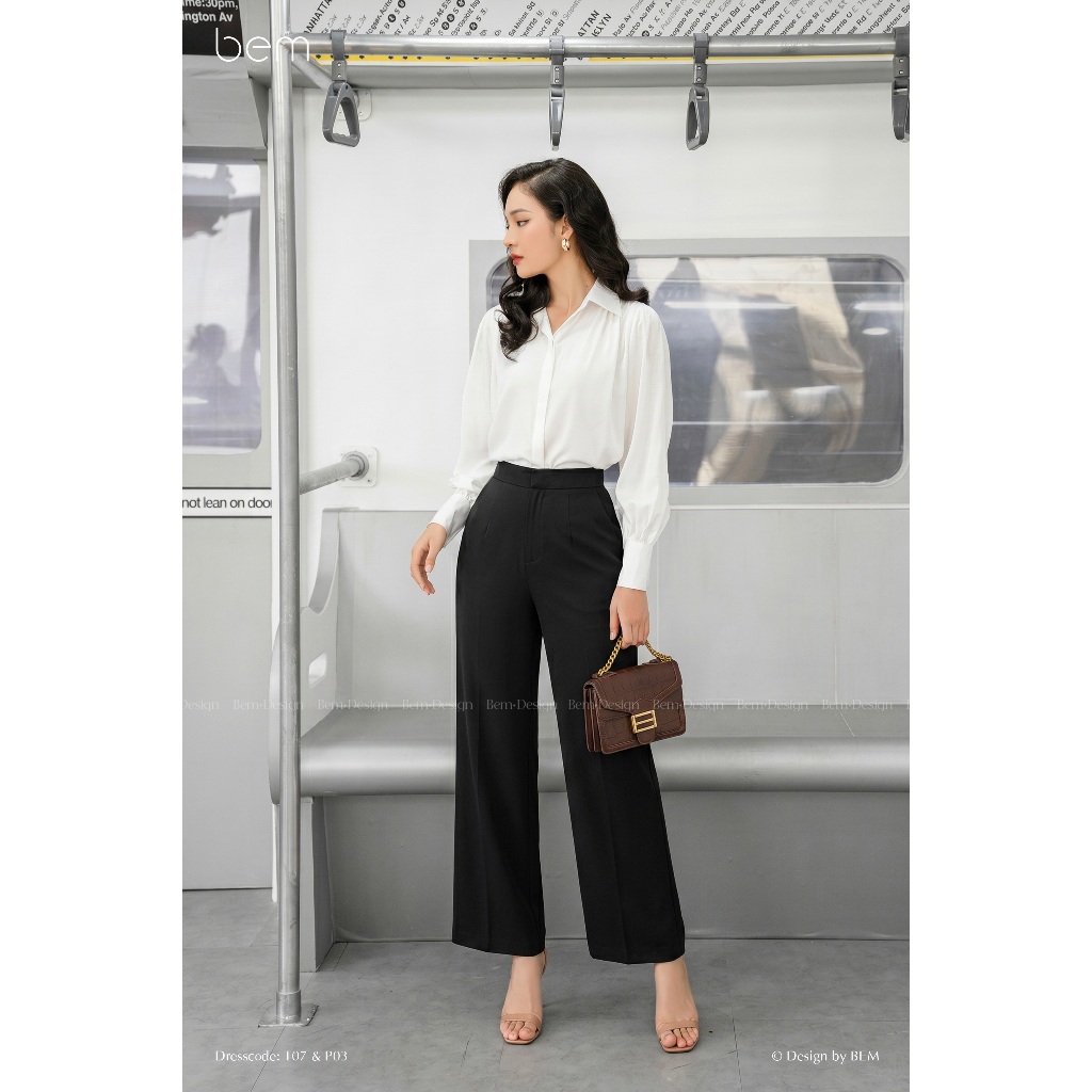 Áo Sơmi Trắng Freesize Tay Phồng & Quần Tây Đen Ống Rộng BEM Studio (T07 & P03)