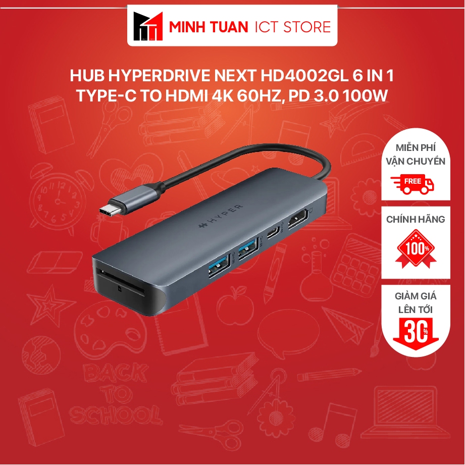 Hub HyperDrive Next HD4002GL 6 in 1 | Type-C To HDMI 4K 60Hz, PD 3.0 100W